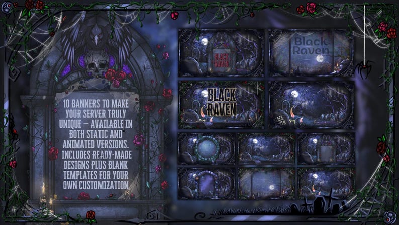 May include: A dark, gothic-themed digital art piece featuring 10 banners with a spooky aesthetic. The banners include the text "Black Raven" and are available in static and animated versions. The image also includes a skull, roses, and spiderwebs.