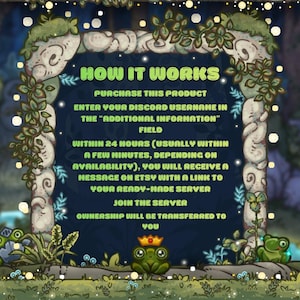 May include: A whimsical digital art piece with the text "HOW IT WORKS" in green. The image features a forest scene with a stone archway and two cartoon frogs. Text explains the purchase process for a product.