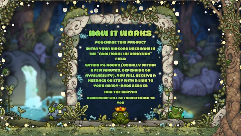May include: A whimsical digital art piece with the text "HOW IT WORKS" in green. The image features a forest scene with a stone archway and two cartoon frogs. Text explains the purchase process for a product.