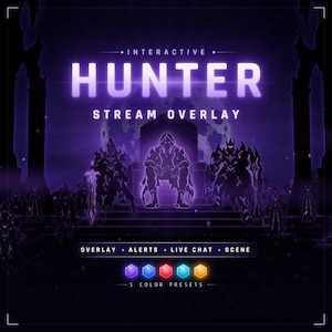 May include: A digital stream overlay graphic titled Interactive Hunter Stream Overlay. The design features a central figure seated on a throne, flanked by two armored warriors in a dark purple setting. Text includes Overlay, Alerts, Live Chat, Scene, and 5 Color Presets with five colored gem icons.