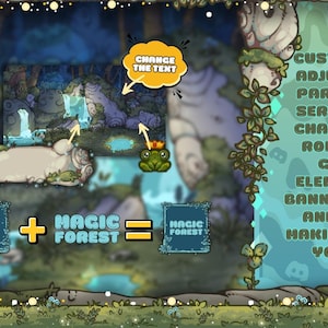May include: A digital graphic with a forest theme, featuring a frog with a crown, text bubbles, and the words "MAGIC FOREST." The image promotes server customization, with options for banners, icons, and panels.