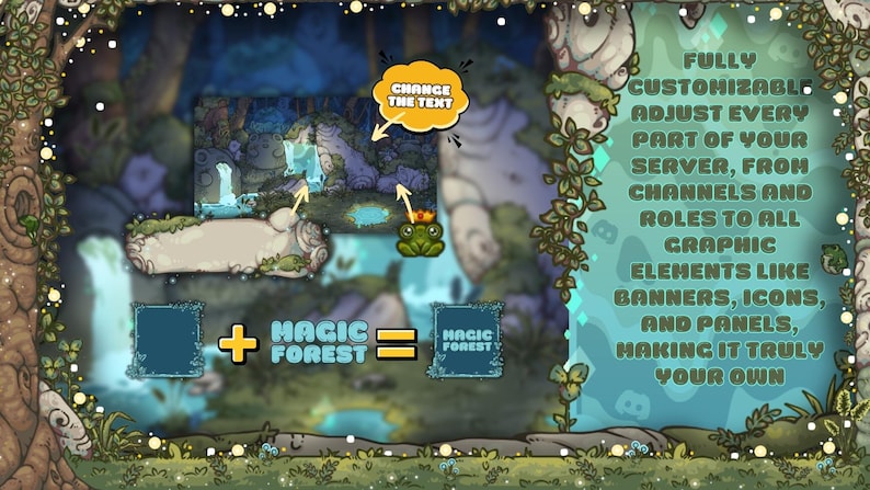 May include: A digital graphic with a forest theme, featuring a frog with a crown, text bubbles, and the words "MAGIC FOREST." The image promotes server customization, with options for banners, icons, and panels.