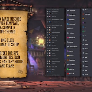 Peut inclure: Interface num&eacute;rique avec un parchemin affichant du texte pour un mod&egrave;le de serveur Discord. Le texte indique &laquo;&nbsp;READY-MADE DISCORD SERVER TEMPLATE&nbsp;&raquo; et &laquo;&nbsp;PERFECT FOR RPG COMMUNITIES&nbsp;&raquo;. Une chope est pos&eacute;e sur une table en bois.