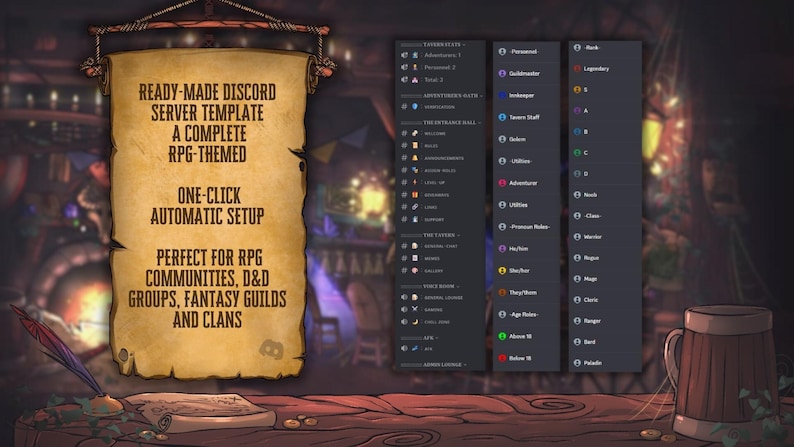 Peut inclure: Interface num&eacute;rique avec un parchemin affichant du texte pour un mod&egrave;le de serveur Discord. Le texte indique &laquo;&nbsp;READY-MADE DISCORD SERVER TEMPLATE&nbsp;&raquo; et &laquo;&nbsp;PERFECT FOR RPG COMMUNITIES&nbsp;&raquo;. Une chope est pos&eacute;e sur une table en bois.