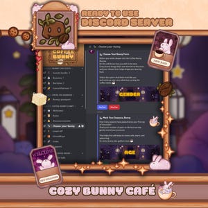 Puede incluir: Una interfaz digital para un servidor de Discord, con un tema de café de conejitos acogedor. El diseño incluye opciones de menú, gráficos temáticos de conejitos y texto que dice "Ready to Use Discord Server" y "Cozy Bunny Café."
