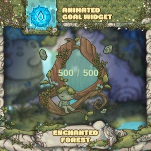 Peut inclure: Un widget d'objectif animé avec un cadre en bois marron orné de feuilles et de vignes vertes. Un petit personnage vert clair est assis sur le cadre. Le texte 500 / 500 est centré. Le haut indique ANIMATED GOAL WIDGET et le bas ENCHANTED FOREST.