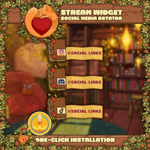 May include: A digital graphic for a stream widget with a cozy, whimsical theme. It features a heart-shaped emblem, social media icons, and the text "STREAM WIDGET SOCIAL MEDIA ROTATOR" and "ONE-CLICK INSTALLATION". The design incorporates floral elements and a warm color palette.