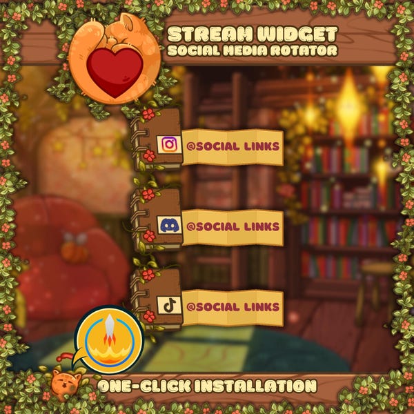Animated Book Social Media Widget for Cozy Stream Overlay (StreamElements)