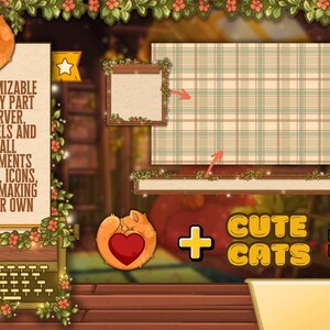 May include: A digital graphic with a cozy, cartoonish aesthetic. It features text about server customization, a plaid background, and the phrase "CUTE CATS." The overall theme is likely related to online communities or gaming.