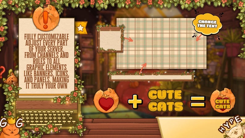 May include: A digital graphic with a cozy, cartoonish aesthetic. It features text about server customization, a plaid background, and the phrase "CUTE CATS." The overall theme is likely related to online communities or gaming.