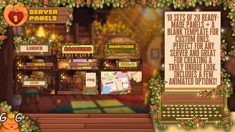 May include: A digital art graphic featuring server panels with text like "Links", "Boosters", and "Donations". The image includes a text panel that reads "10 sets of 20 ready-made panels + a blank template for custom ones."
