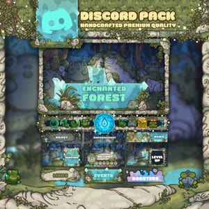 Op de afbeelding: Een digitaal kunstontwerp voor een Discord-pakket, met een "Enchanted Forest" thema. Het ontwerp bevat een turquoise Discord-logo, bosafbeeldingen en knoppen met de labels "About", "Announcements", "News", "Links", "Events" en "Boosters".