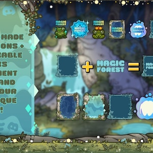 May include: Digital art featuring server icons and customizable blanks with a forest theme. The text reads "10 Ready-Made Server Icons + Customizable Blanks Experiment Freely and Craft Your Own Unique Look!" Includes frog and water-themed icons.