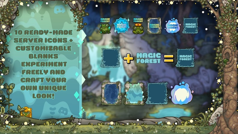 May include: Digital art featuring server icons and customizable blanks with a forest theme. The text reads "10 Ready-Made Server Icons + Customizable Blanks Experiment Freely and Craft Your Own Unique Look!" Includes frog and water-themed icons.