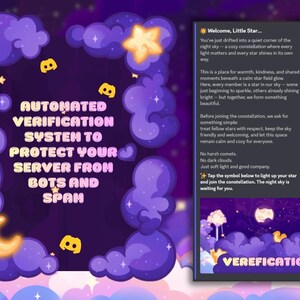 Op de afbeelding: Een digitale afbeelding met een paars en goud thema. De afbeelding bevat de tekst "AUTOMATED VERIFICATION SYSTEM TO PROTECT YOUR SERVER FROM BOTS AND SPAM." Er is extra tekst aanwezig, samen met illustraties van wolken en sterren.