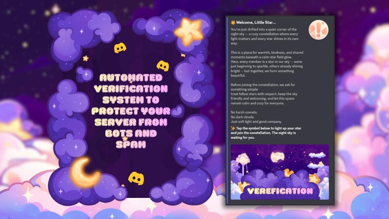 Op de afbeelding: Een digitale afbeelding met een paars en goud thema. De afbeelding bevat de tekst "AUTOMATED VERIFICATION SYSTEM TO PROTECT YOUR SERVER FROM BOTS AND SPAM." Er is extra tekst aanwezig, samen met illustraties van wolken en sterren.