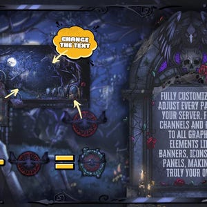 May include: A digital graphic with a gothic theme. The image features a dark, detailed background with a full moon, a skull, roses, and the text "FULLY CUSTOMIZABLE". It also includes icons and the words "CHANGE THE TEXT".