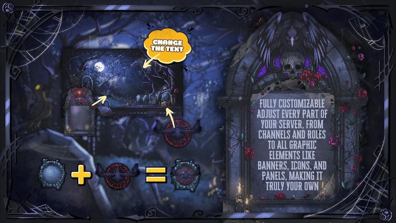 May include: A digital graphic with a gothic theme. The image features a dark, detailed background with a full moon, a skull, roses, and the text "FULLY CUSTOMIZABLE". It also includes icons and the words "CHANGE THE TEXT".
