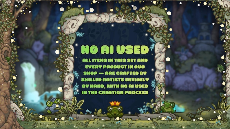 May include: A whimsical illustration featuring a forest scene with a stone archway and text that reads "NO AI USED". The image showcases a frog wearing a crown and other cartoon frogs. The text emphasizes that all items are handcrafted.