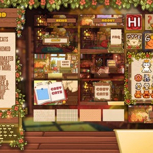May include: A digital art display featuring a "Discord Pack" with a cozy cat theme. The pack includes animated emojis, panels, banners, dividers, and icons. The design is suitable for gaming communities, streamers, and creative servers.