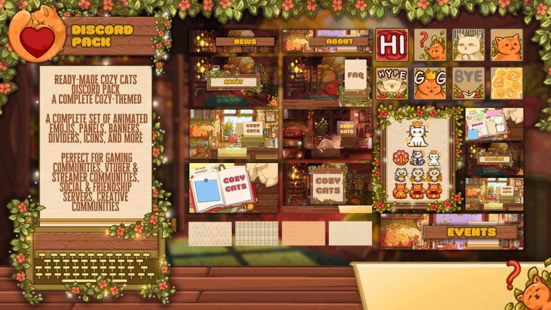 May include: A digital art display featuring a "Discord Pack" with a cozy cat theme. The pack includes animated emojis, panels, banners, dividers, and icons. The design is suitable for gaming communities, streamers, and creative servers.