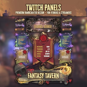 May include: A digital design for Twitch panels with a fantasy tavern theme. The design includes panels for channel banner, personality, subathon goals, and social media links. The text includes "Twitch Panels" and "Fantasy Tavern".