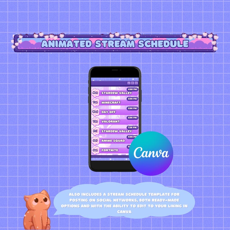 Stream Schedule - Cozy Cat Twitch Schedule Template, Vtuber Schedule ...