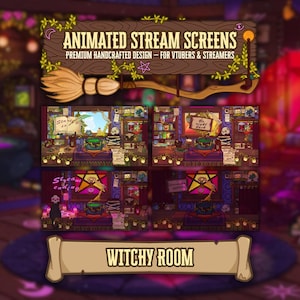 Écrans de streaming animés | Superposition d'Halloween confortable pour sorcières pour Twitch et VTubers | Arrière-plan animé