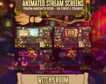 Animated Stream Screens | Cozy Witch Room Halloween Overlay for Twitch & VTubers | Animated Background