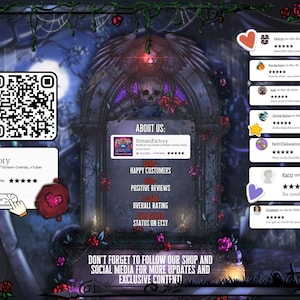 May include: A digital graphic with a dark, gothic theme. It features a shop banner with the name "StreamFactory", QR codes, and customer reviews. The design includes skulls, roses, and spiderwebs, with text that reads "About Us" and "Don't forget to follow our shop".