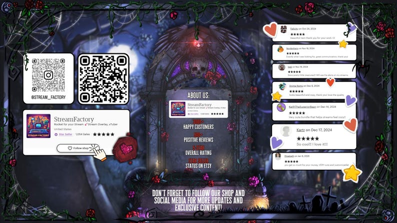 May include: A digital graphic with a dark, gothic theme. It features a shop banner with the name "StreamFactory", QR codes, and customer reviews. The design includes skulls, roses, and spiderwebs, with text that reads "About Us" and "Don't forget to follow our shop".