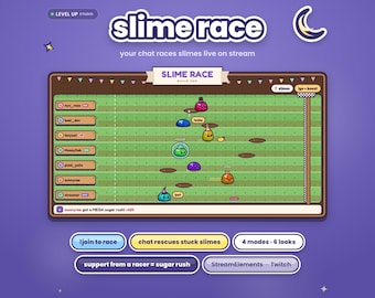 Könnte beinhalten: Eine digitale Benutzeroberfläche für das Spiel Slime Race mit einer grünen Rennstrecke und bunten Schleimfiguren. Der Bildschirm zeigt den Text Slime Race, your chat races slimes live on stream und verschiedene Schaltflächen wie join to race.