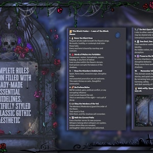 May include: A digital artwork with a gothic aesthetic. A tombstone-like structure with text reading "A COMPLETE RULES SECTION FILLED WITH READY-MADE ESSENTIAL GUIDELINES, BEAUTIFULLY STYLED IN A CLASSIC GOTHIC AESTHETIC". The image includes roses and a spider.