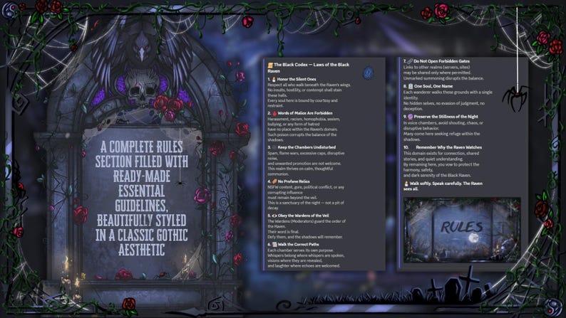 May include: A digital artwork with a gothic aesthetic. A tombstone-like structure with text reading "A COMPLETE RULES SECTION FILLED WITH READY-MADE ESSENTIAL GUIDELINES, BEAUTIFULLY STYLED IN A CLASSIC GOTHIC AESTHETIC". The image includes roses and a spider.