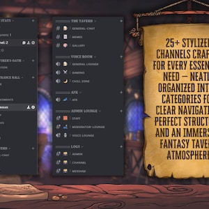 Peut inclure: Interface num&eacute;rique sur le th&egrave;me d'une taverne fantastique. L'image affiche une interface sombre avec le texte "25+ cha&icirc;nes stylis&eacute;es cr&eacute;&eacute;es pour chaque besoin essentiel". Une chope en bois est pos&eacute;e sur une table en bois.