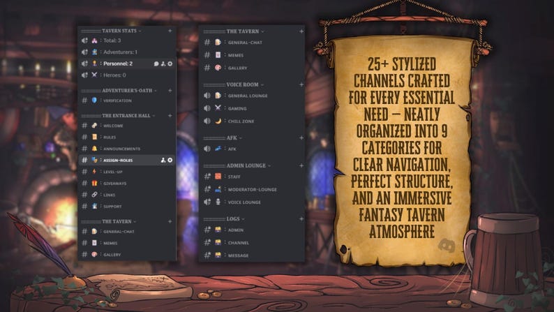 Peut inclure: Interface num&eacute;rique sur le th&egrave;me d'une taverne fantastique. L'image affiche une interface sombre avec le texte "25+ cha&icirc;nes stylis&eacute;es cr&eacute;&eacute;es pour chaque besoin essentiel". Une chope en bois est pos&eacute;e sur une table en bois.