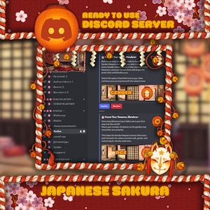 May include: A digital graphic for a Discord server, featuring a Japanese Sakura theme. The design includes a Discord logo, cherry blossoms, and text that reads "Ready to Use Discord Server" and "Japanese Sakura".