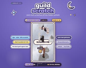 Könnte beinhalten: Eine digitale Benutzeroberfläche mit dem Titel guild scratch und dem Text your chat scratches off the hidden picture. Sie zeigt eine zentrale Rubbelkarte mit einem scratch me-Button, umgeben von Beschriftungen wie tips, subs, bits, mystery art und Chat-Befehlen auf violettem Hintergrund.