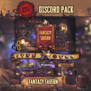 Puede incluir: Un paquete de arte digital con temática de taberna de fantasía. La imagen presenta una pancarta roja con el texto "Fantasy Tavern", junto con varios botones e iconos temáticos. El logotipo de Discord es visible en la parte superior, y el diseño general tiene una estética medieval.