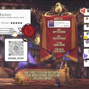 Peut inclure: Banni&egrave;re de boutique Etsy pour StreamFactory, vendeur d'overlays de stream et de graphiques vTuber. La banni&egrave;re comprend le logo de la boutique, les codes QR des r&eacute;seaux sociaux, les avis clients et le texte "N'oubliez pas de suivre notre boutique et nos r&eacute;seaux sociaux pour plus de mises &agrave; jour et de contenu exclusif !"