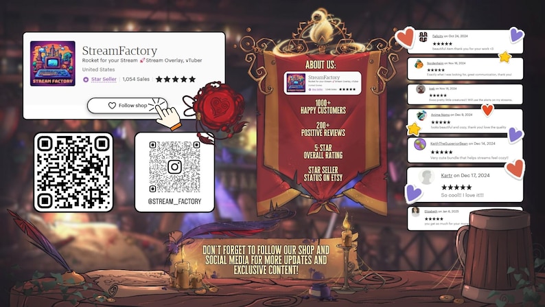 Peut inclure: Banni&egrave;re de boutique Etsy pour StreamFactory, vendeur d'overlays de stream et de graphiques vTuber. La banni&egrave;re comprend le logo de la boutique, les codes QR des r&eacute;seaux sociaux, les avis clients et le texte "N'oubliez pas de suivre notre boutique et nos r&eacute;seaux sociaux pour plus de mises &agrave; jour et de contenu exclusif !"
