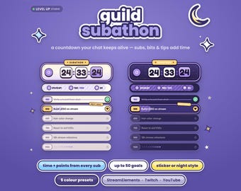 Könnte beinhalten: Eine digitale Guild-Subathon-Overlay-Grafik auf violettem Hintergrund mit zwei Countdown-Timer-Stilen, Fortschrittsbalken für Ziele und Text, einschließlich Guild Subathon und Plattform-Bezeichnungen.