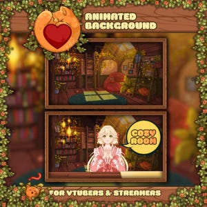 Può includere: Sfondo animato per VTuber e streamer. L'immagine presenta due scene di stanze accoglienti con librerie, illuminazione soffusa e un personaggio dei cartoni animati. Il testo include "Animated Background" e "Cozy Room."