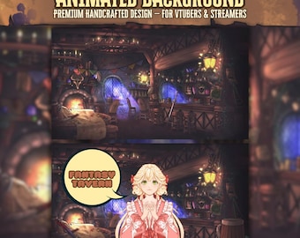 May include: Animated background image for VTubers and streamers. The top half shows a detailed tavern interior with a fireplace, bar, and hanging lanterns. The bottom half features a cartoon character with the text "Fantasy Tavern" in a speech bubble.