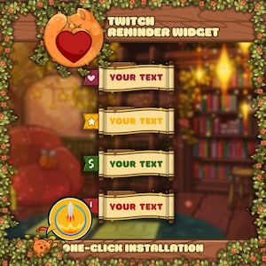 Peut inclure: Graphique numérique pour un widget de rappel Twitch, avec des boîtes de texte en forme de parchemin avec le texte "YOUR TEXT". Le design comprend un cœur, une étoile, un symbole dollar et une icône de fusée, avec le texte "ONE-CLICK INSTALLATION."