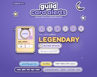 Könnte beinhalten: Ein digitales Grafikset mit dem Titel guild card alerts, das ein Sammelkarten-Design mit dem Text void_walker pulled a LEGENDARY, 24 subscribed, 24 months, two years of guild life, cards flip open live, 4 rarities und Plattformnamen zeigt.
