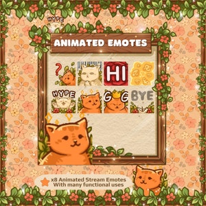 Puede incluir: Un conjunto de ocho emoticonos animados de gato para streaming. Los emoticonos presentan una variedad de expresiones, incluyendo un gato que dice "hola", un gato que dice "adi&oacute;s", un gato con una corona y un gato con un signo de interrogaci&oacute;n. Los emoticonos est&aacute;n colocados sobre un fondo floral.