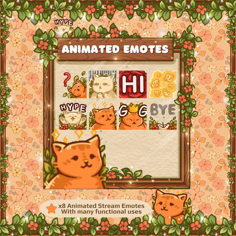 Puede incluir: Un conjunto de ocho emoticonos animados de gato para streaming. Los emoticonos presentan una variedad de expresiones, incluyendo un gato que dice "hola", un gato que dice "adi&oacute;s", un gato con una corona y un gato con un signo de interrogaci&oacute;n. Los emoticonos est&aacute;n colocados sobre un fondo floral.