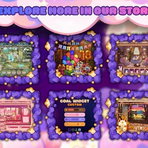 Op de afbeelding: Een digitale kunstafbeelding met de tekst "EXPLORE MORE IN OUR STORE" boven zes ingelijste afbeeldingen. De frames zijn paars met gele accenten. De afbeeldingen in de frames tonen verschillende sc&egrave;nes, waaronder een verjaardagsfeest en een gezellige kamer.