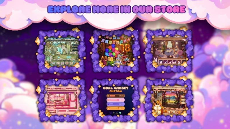 Op de afbeelding: Een digitale kunstafbeelding met de tekst "EXPLORE MORE IN OUR STORE" boven zes ingelijste afbeeldingen. De frames zijn paars met gele accenten. De afbeeldingen in de frames tonen verschillende sc&egrave;nes, waaronder een verjaardagsfeest en een gezellige kamer.